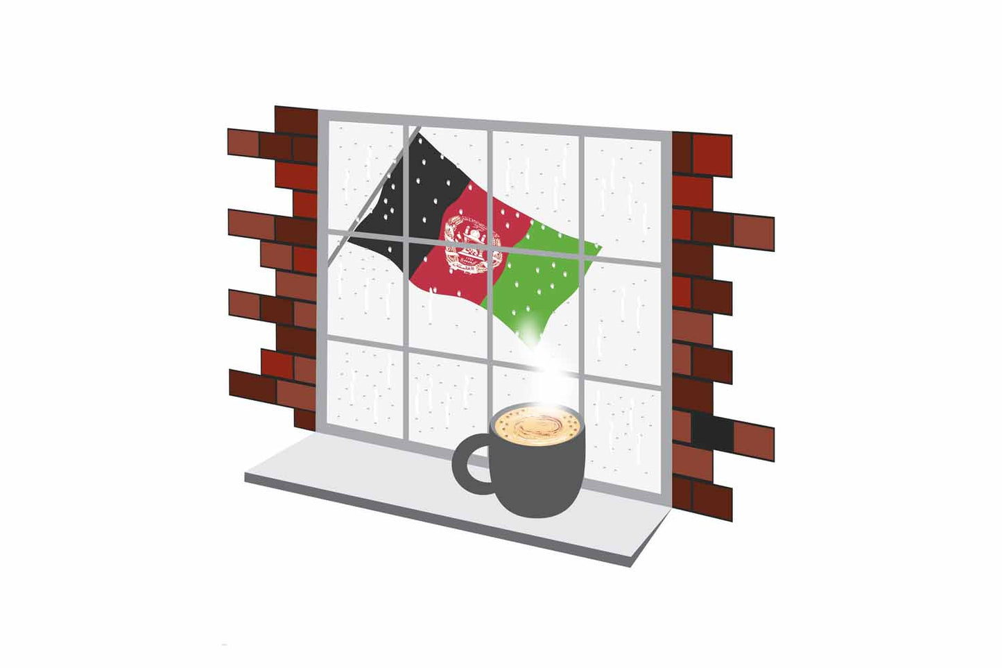 Afghanistan Coffee Rain Window Vector Illustration | Cozy Café Scene
