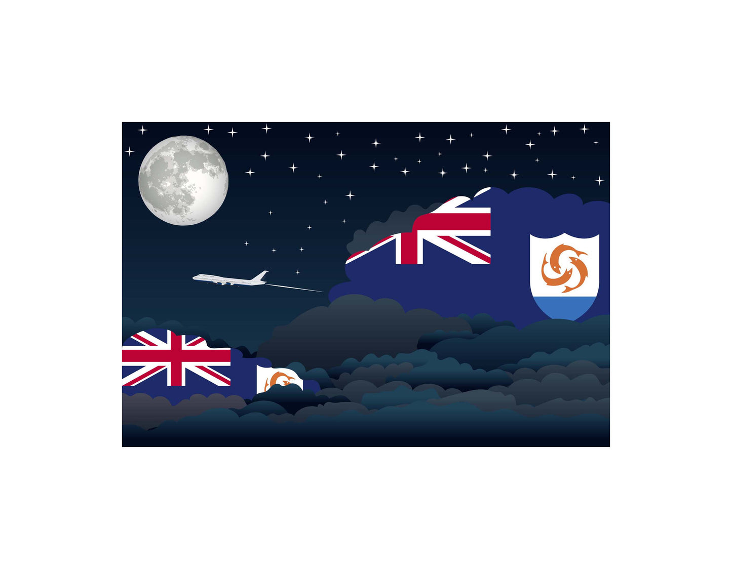 Anguilla Airplane Night Clouds Vector Illustrations | Aviation Night Sky Collection