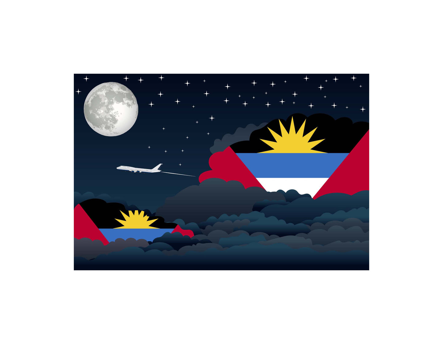 Antigua and Barbuda Night Clouds Airplane Airport Flight Vector Illustration