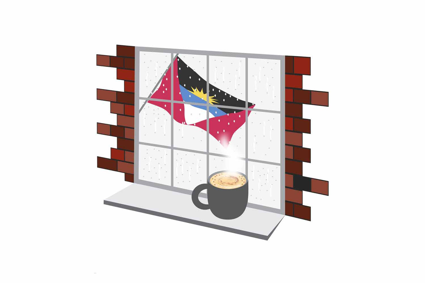 Antigua and Barbuda Coffee Rain Window Vector Illustration | Cozy Café Scene