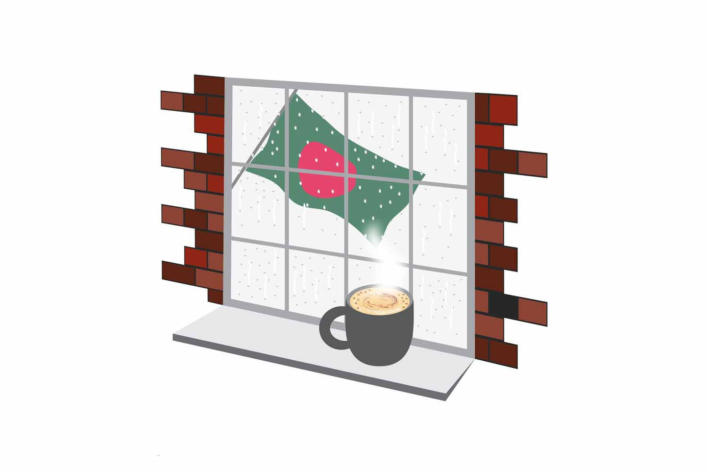 Bangladesh Coffee Rain Window Vector Illustration | Cozy Café Scene
