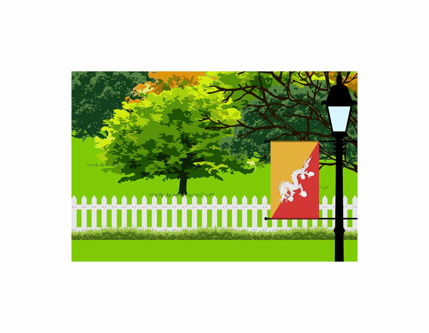 Bhutan Home Town Trees Landscape Moon Night Vector Illustrations