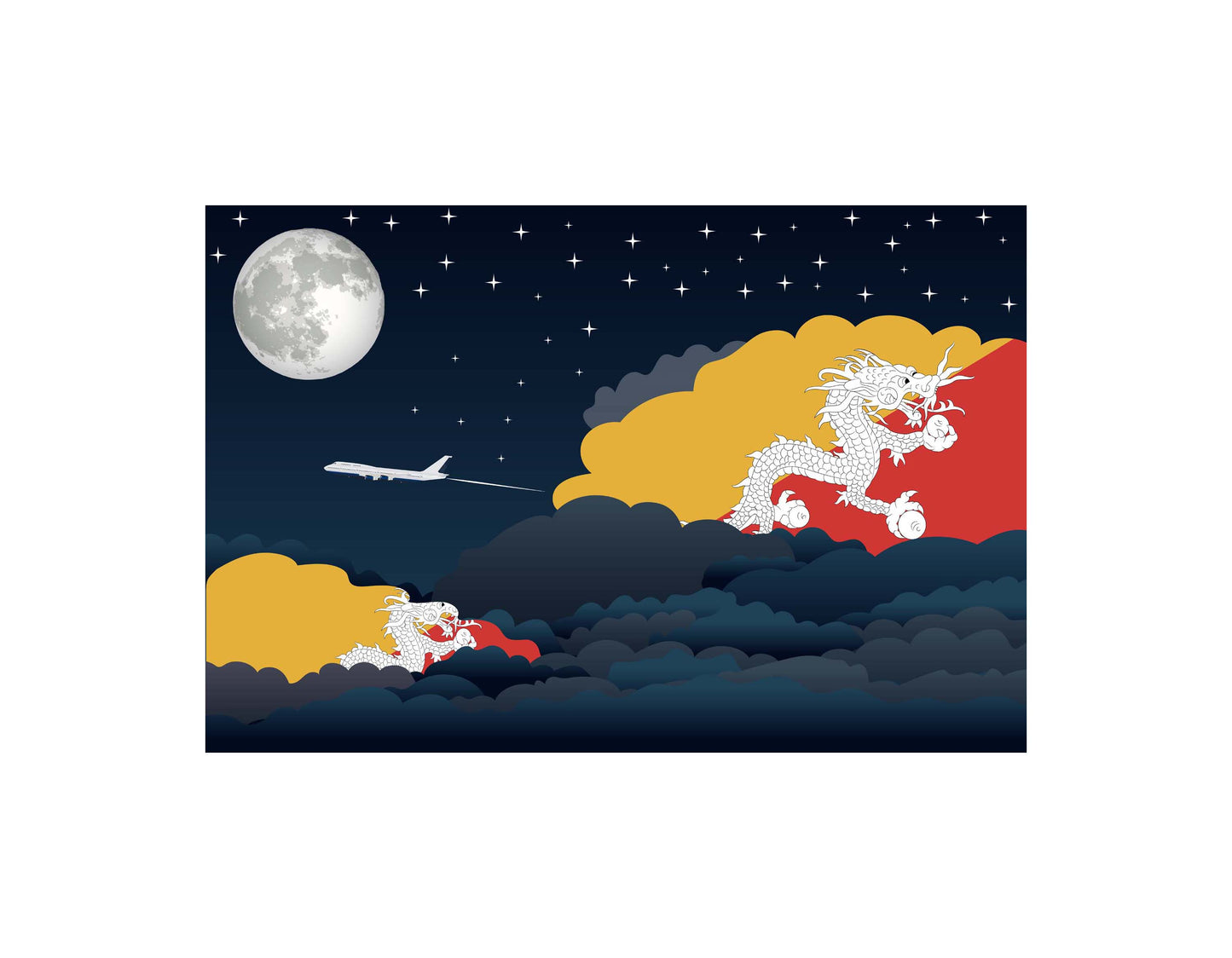 Bhutan Airplane Night Clouds Vector Illustrations | Aviation Night Sky Collection