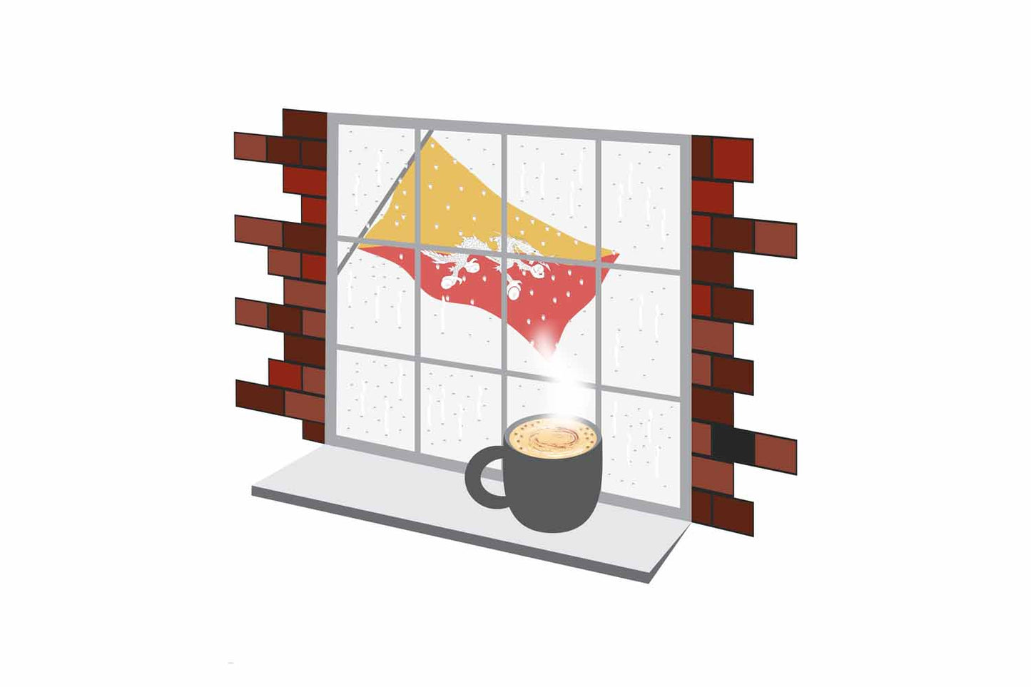 Bhutan Coffee Rain Window Vector Illustration | Cozy Café Scene