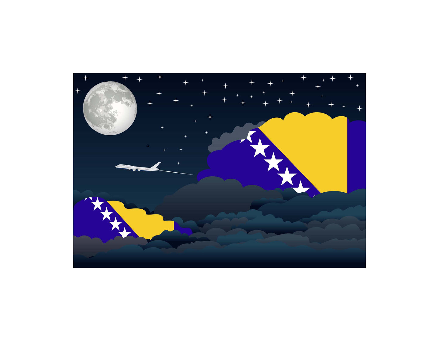 Bosnia and Herzegovina Airplane Night Clouds Vector Illustrations | Aviation Night Sky Collection
