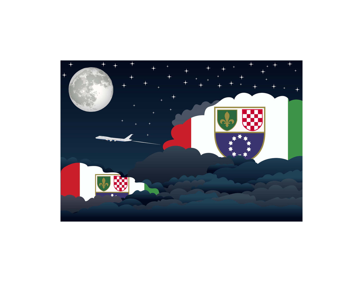 Bosnia and Herzegovina Federation of Airplane Night Clouds Vector Illustrations | Aviation Night Sky Collection