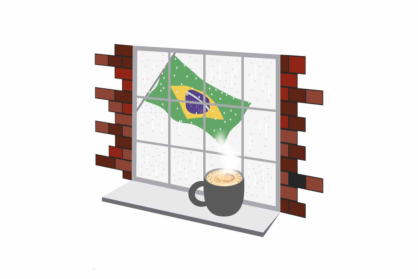Brazil Coffee Rain Window Vector Illustration | Cozy Café Scene