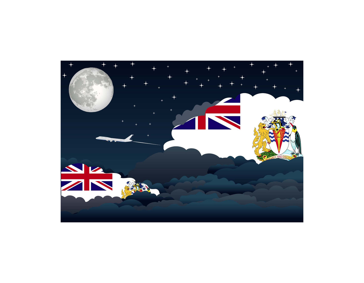 British Antarctic Territory Night Clouds Airplane Airport Flight Vector Illustration