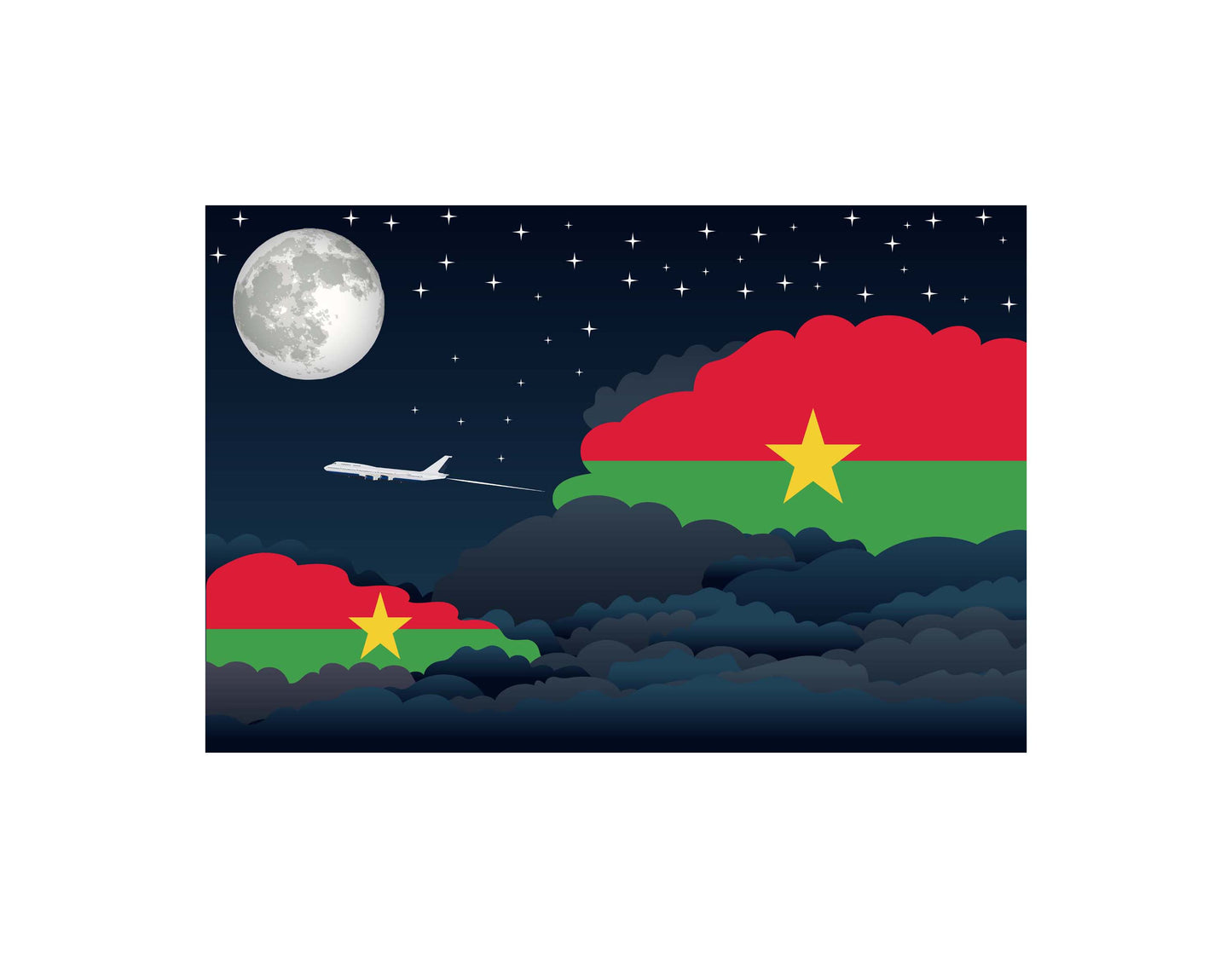 Burkina Faso Airplane Night Clouds Vector Illustrations | Aviation Night Sky Collection