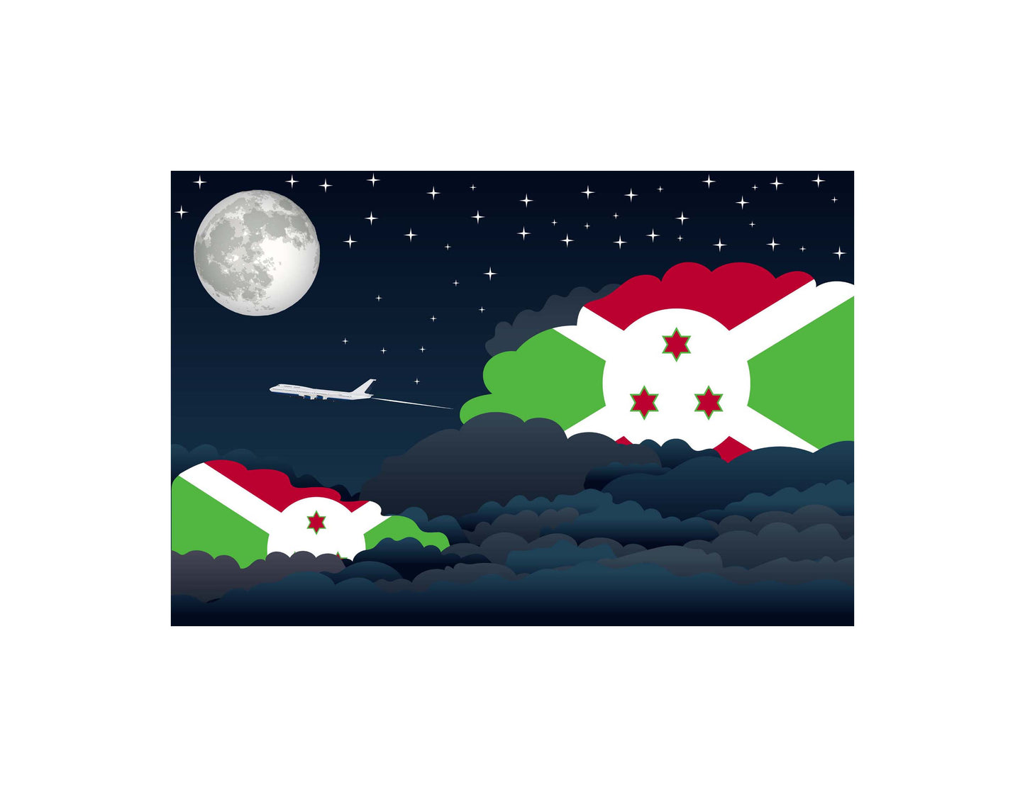 Burundi Night Clouds Airplane Airport Flight Vector Illustration