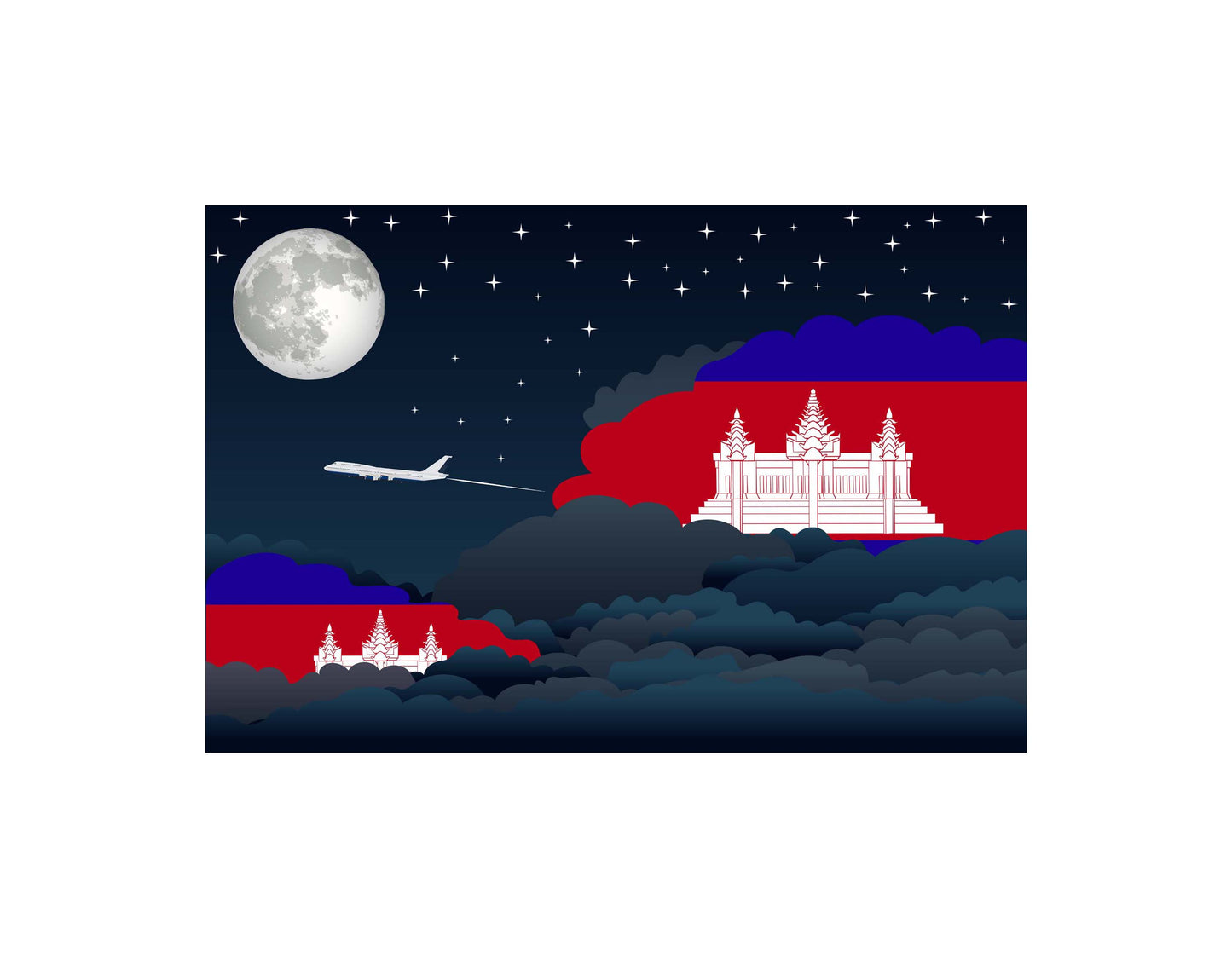 Cambodia Airplane Night Clouds Vector Illustrations | Aviation Night Sky Collection