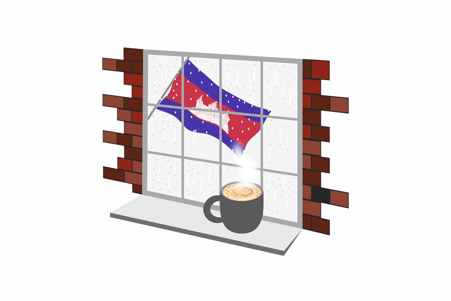 Cambodia Coffee Rain Window Vector Illustration | Cozy Café Scene