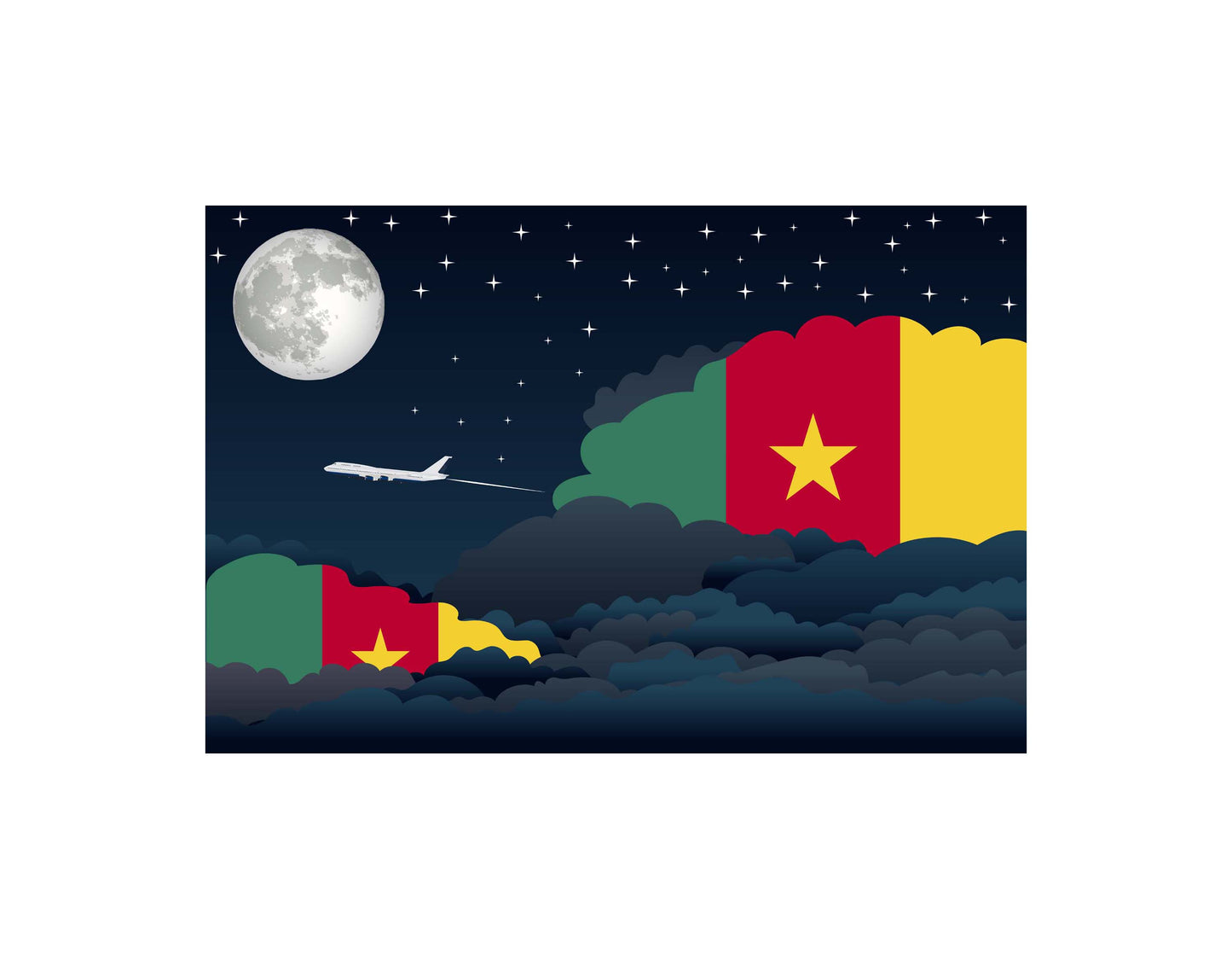 Cameroon Flag Night Clouds Aeroplane Airport Flying Vector Illustration
