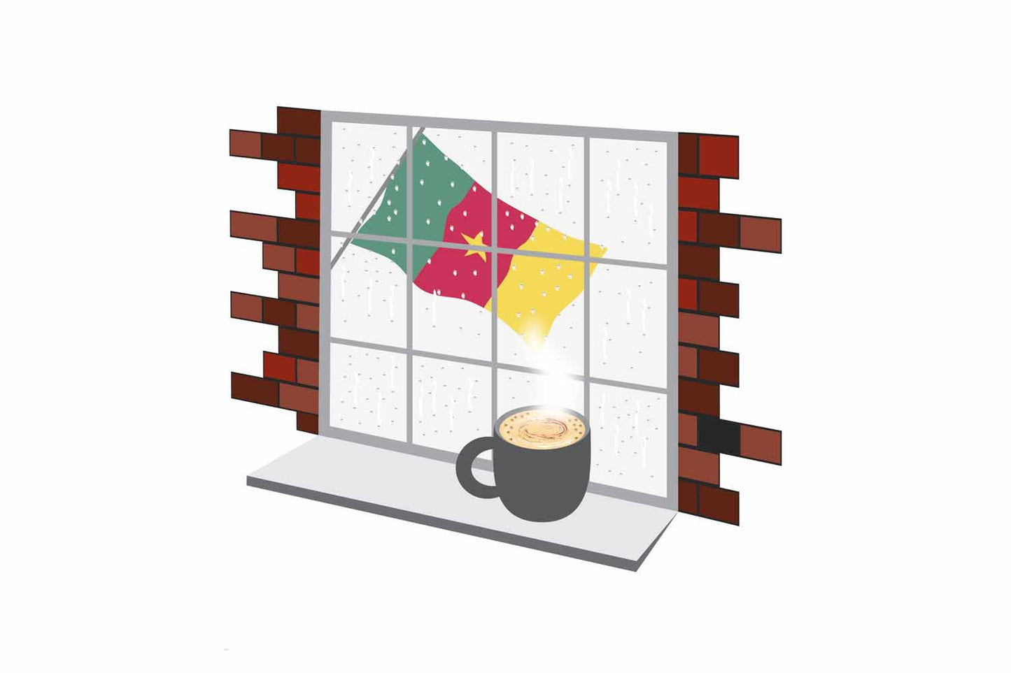 Cameroon Coffee Rain Window Vector Illustration | Cozy Café Scene