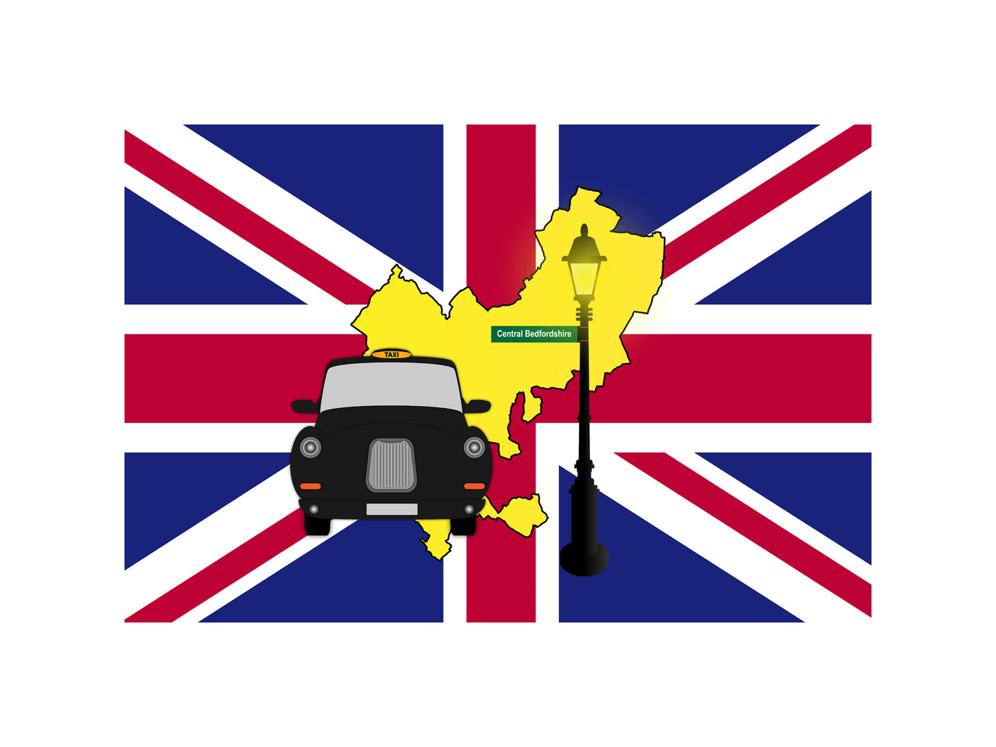 Central Bedfordshire United Kingdom Black Taxi Vector Illustrations | Iconic London Taxi Collection