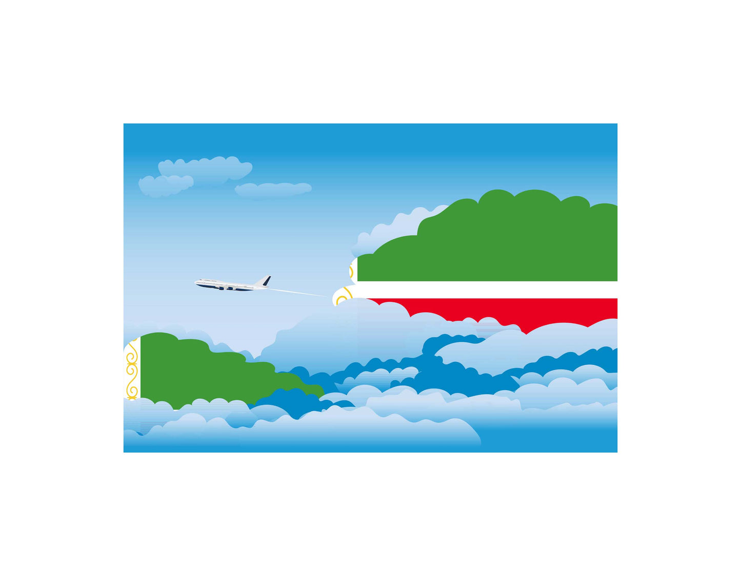 Chechen Republic of Ichkeria Airplane Day Clouds Vector Illustration | Travel & Aviation Sky Scene