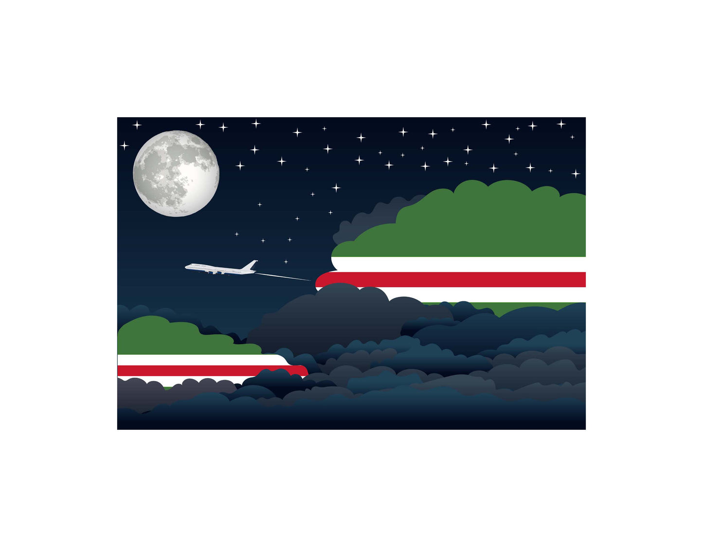 Chechen Republic of Ichkeria Airplane Night Clouds Vector Illustrations | Aviation Night Sky Collection
