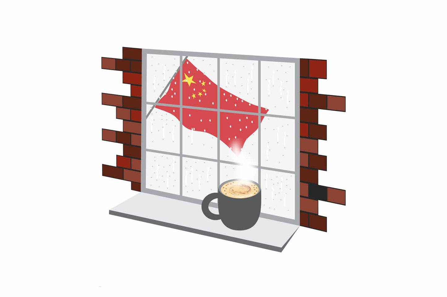 China Coffee Rain Window Vector Illustration | Cozy Café Scene