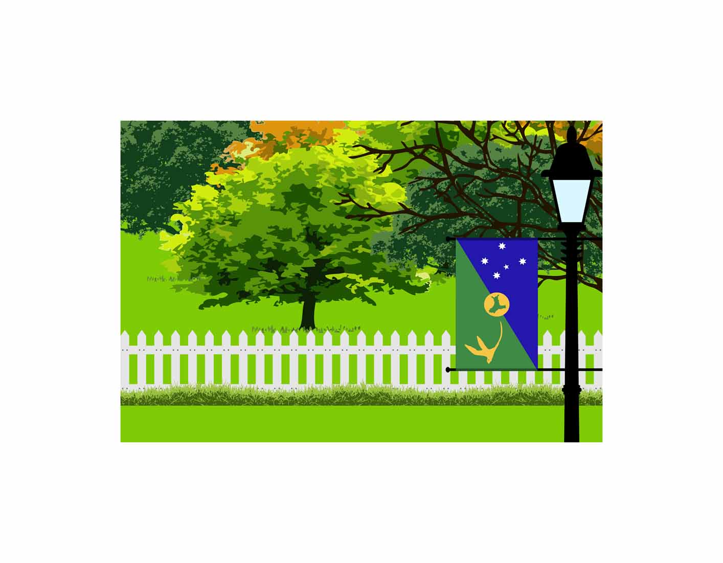 Christmas Island Home Town Trees Landscape Moon Night Vector Illustrations