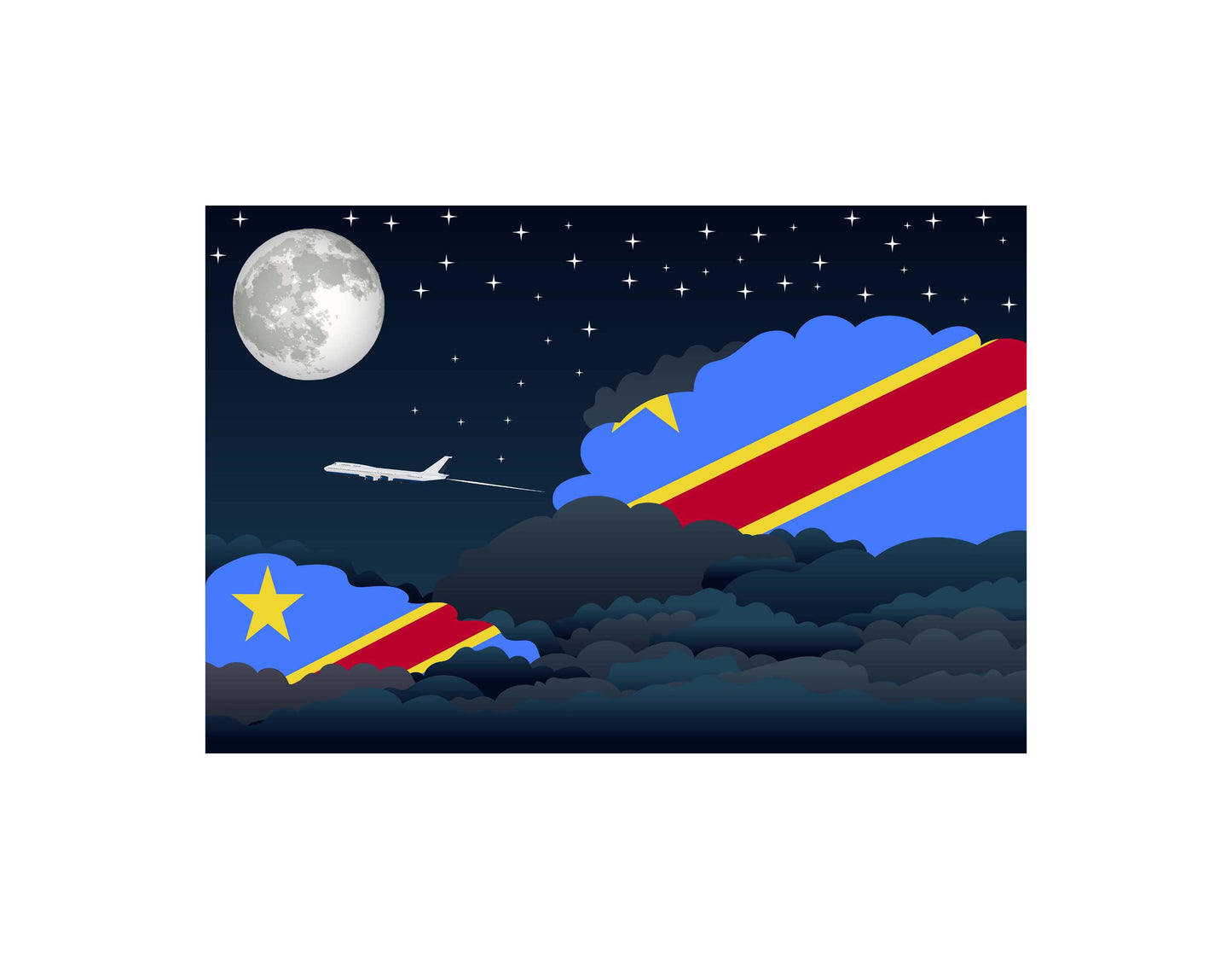 Congo Democratic Republic of the Airplane Night Clouds Vector Illustrations | Aviation Night Sky Collection