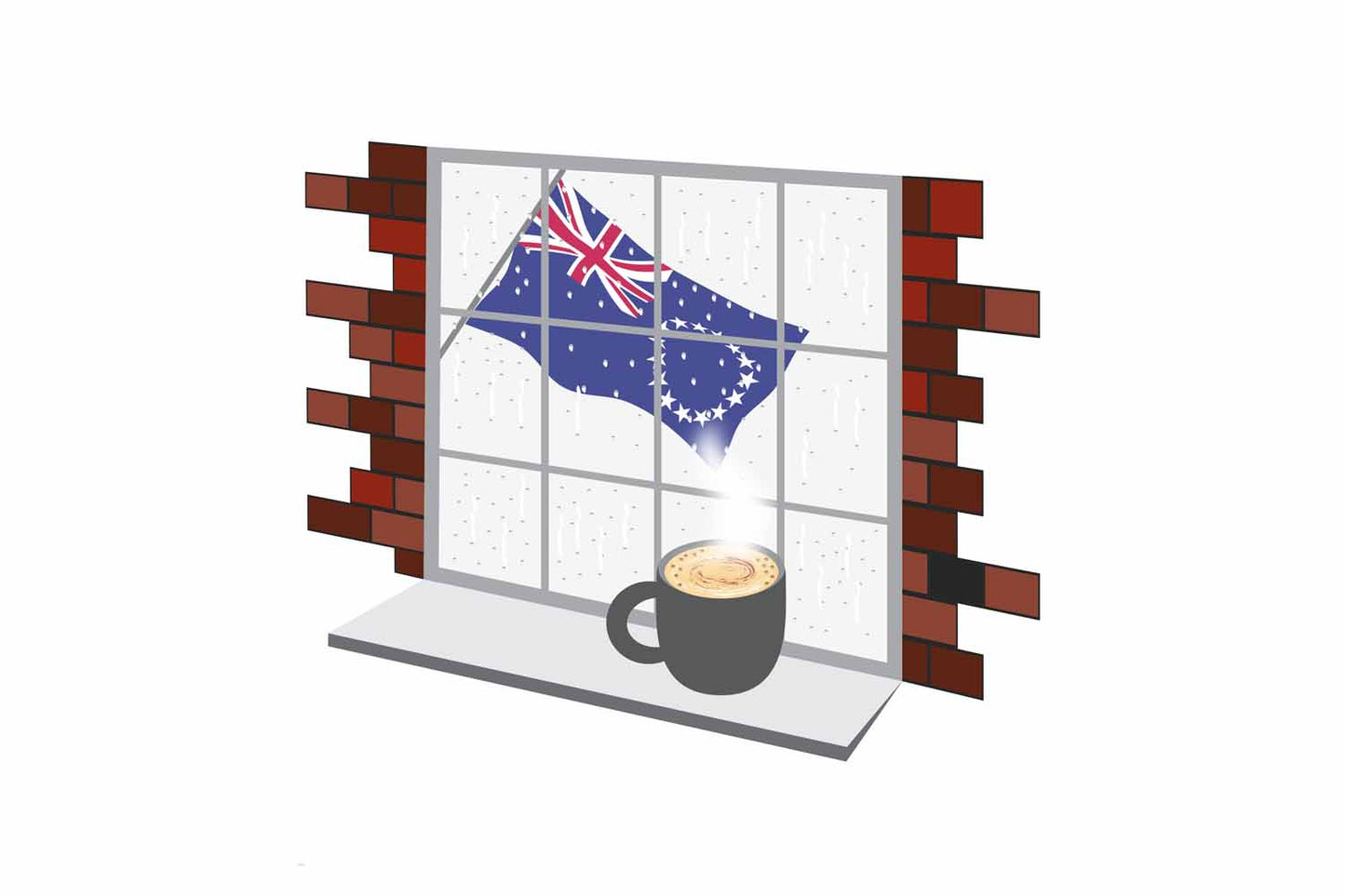 Cook Islands Coffee Rain Window Vector Illustration | Cozy Café Scene