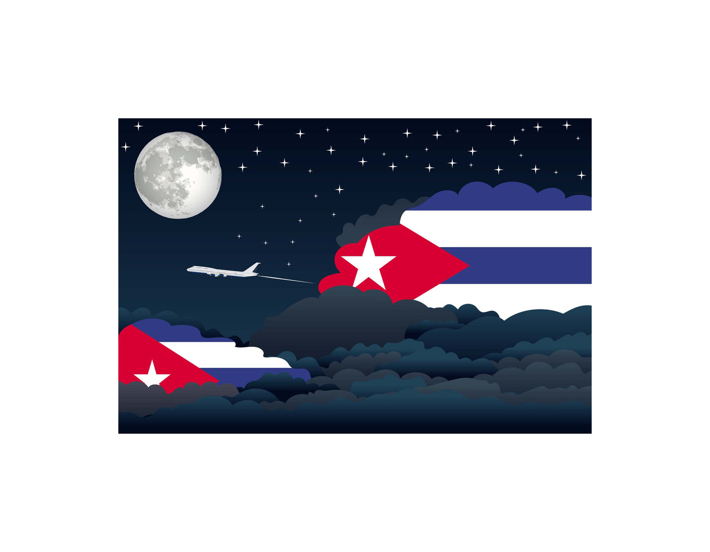 Cuba Flag Night Clouds Aeroplane Airport Flying Vector Illustration