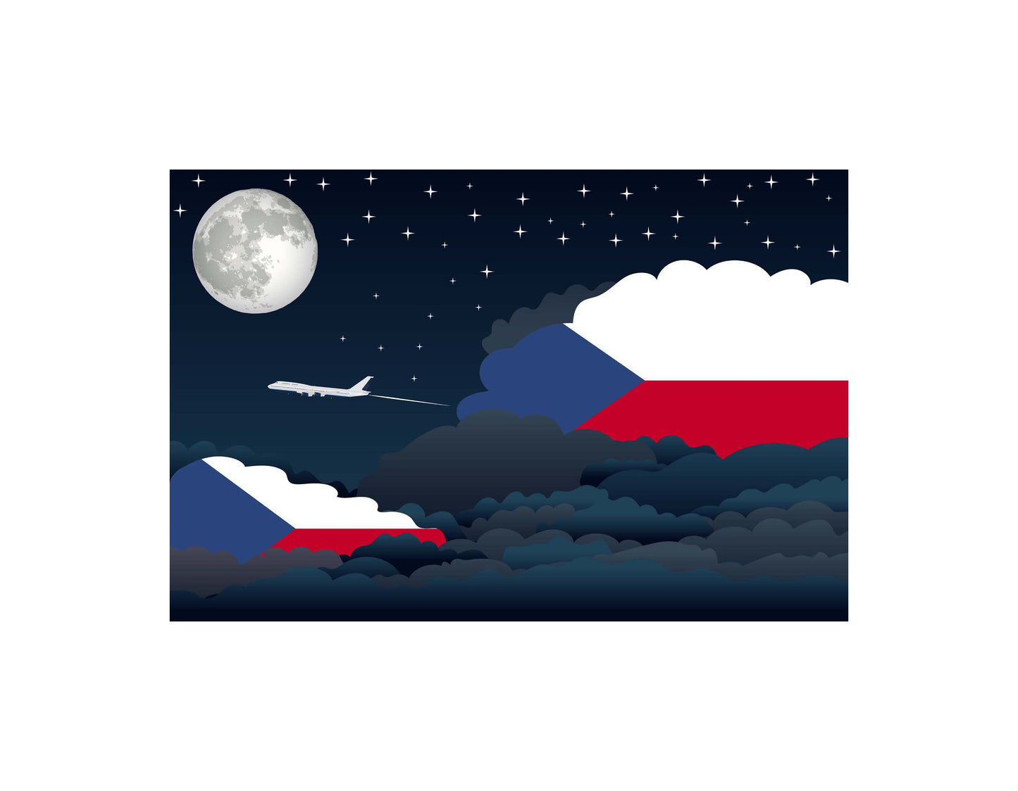 Czech Republic Airplane Night Clouds Vector Illustrations | Aviation Night Sky Collection