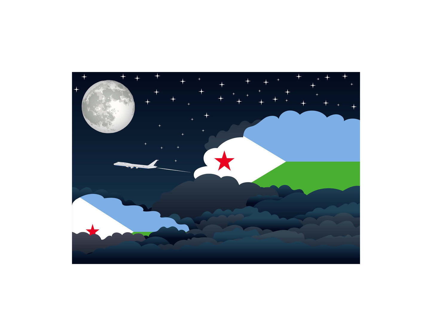 Djibouti Airplane Night Clouds Vector Illustrations | Aviation Night Sky Collection