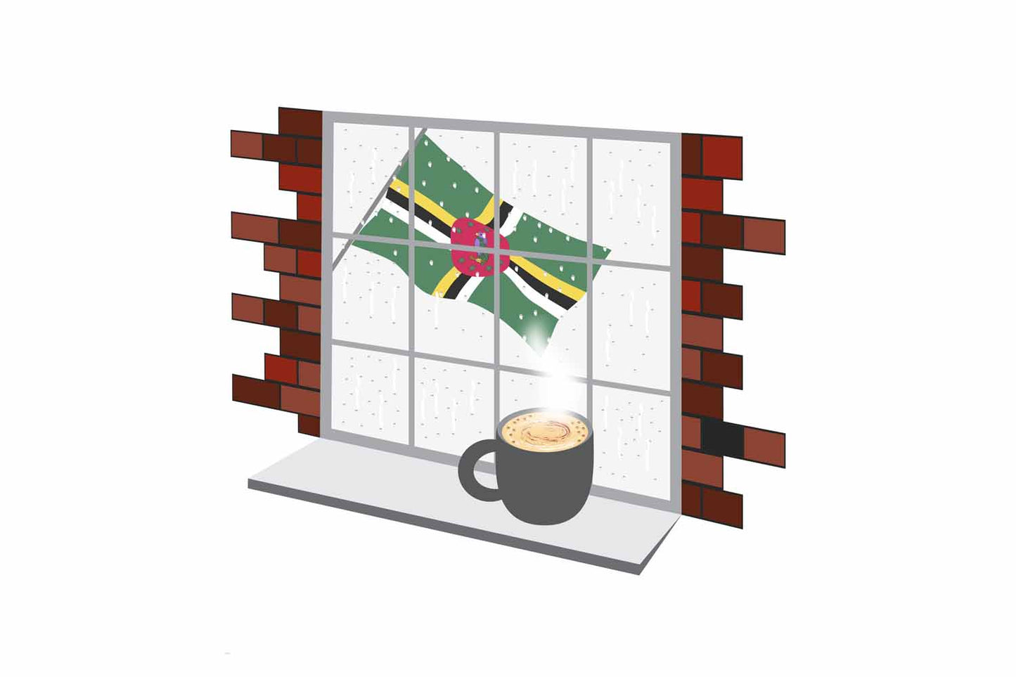 Dominica Coffee Rain Window Vector Illustration | Cozy Café Scene