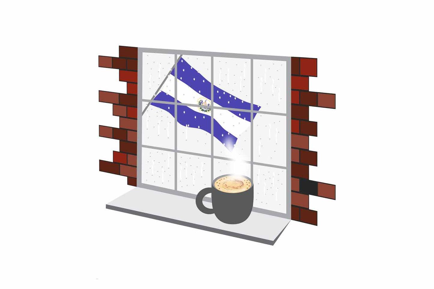 El Salvador Coffee Rain Window Vector Illustration | Cozy Café Scene