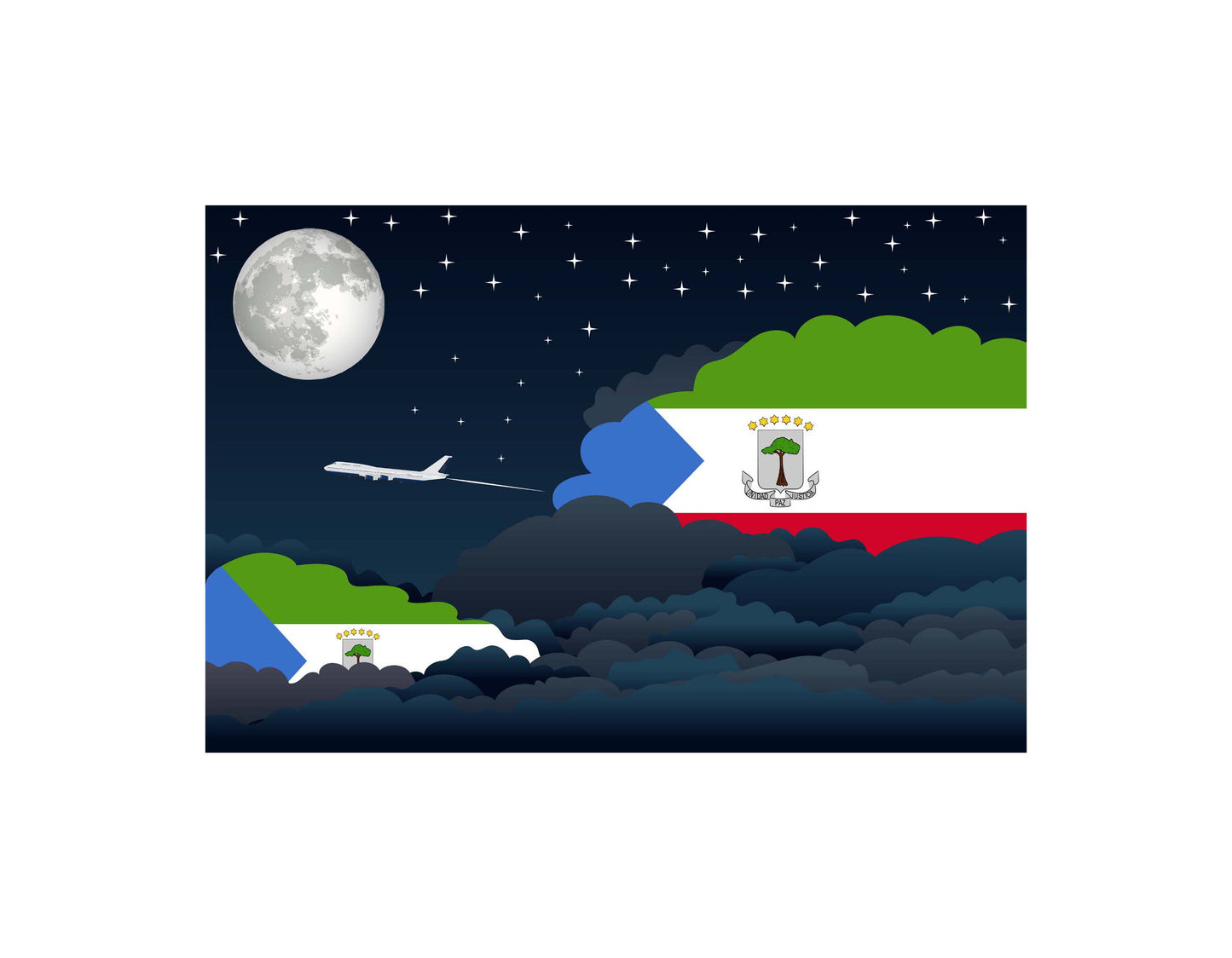 Equatorial Guinea Flag Night Clouds Aeroplane Airport Flying Vector Illustration