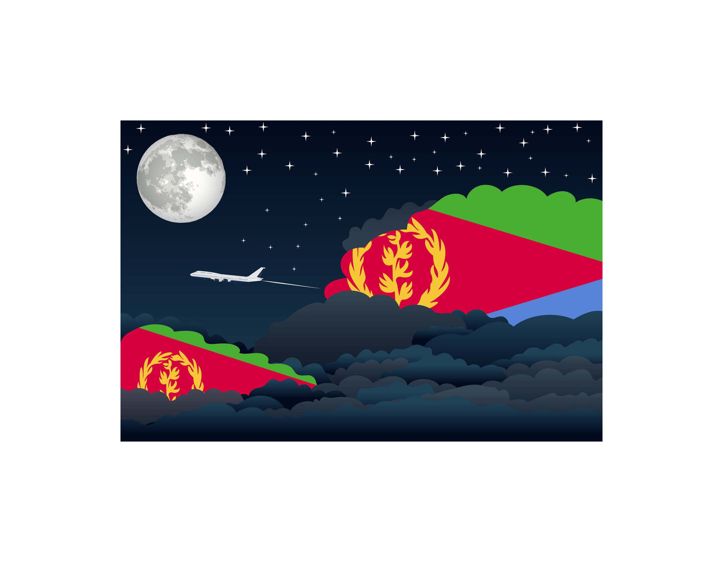 Eritrea Airplane Night Clouds Vector Illustrations | Aviation Night Sky Collection