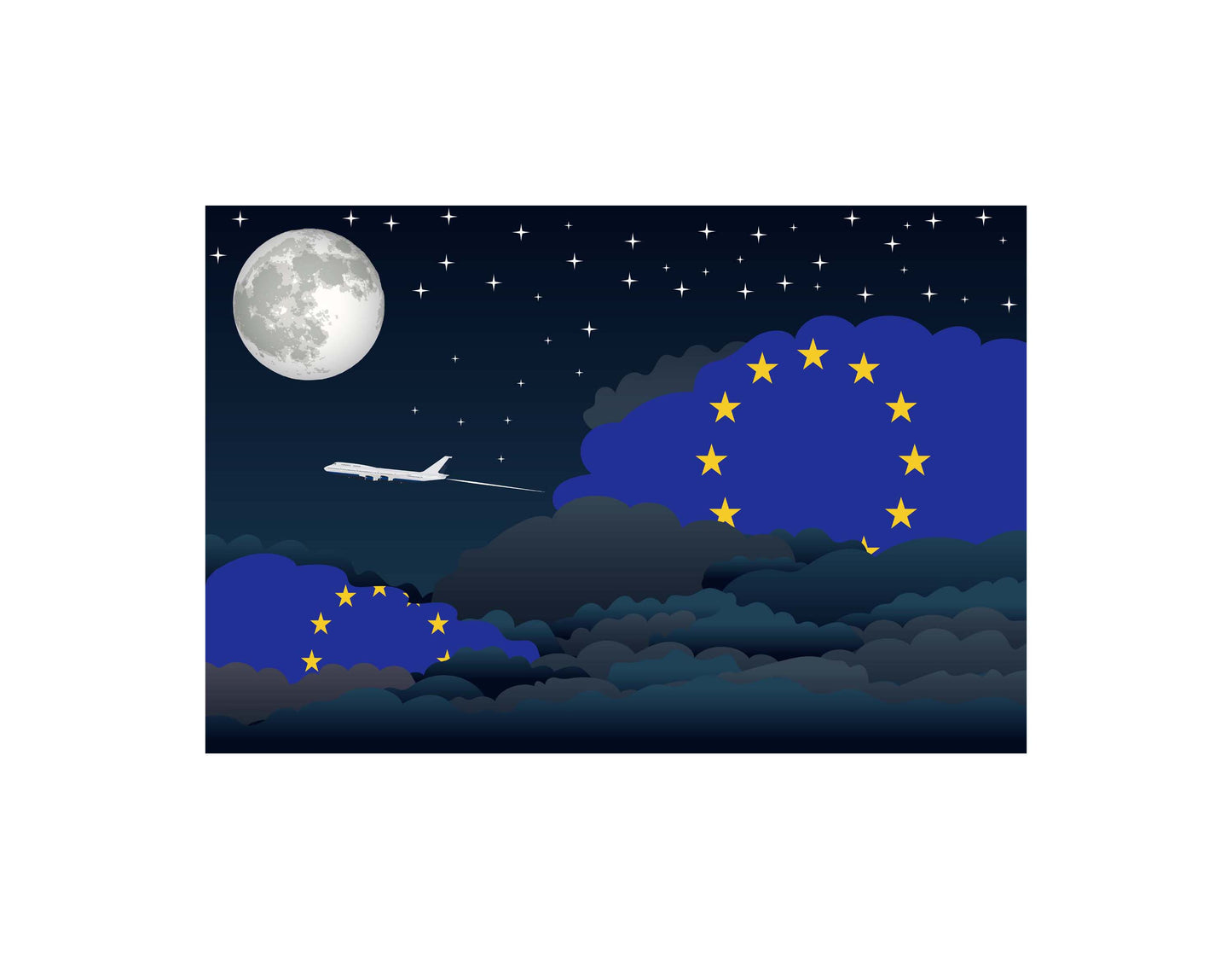 European Union Airplane Night Clouds Vector Illustrations | Aviation Night Sky Collection