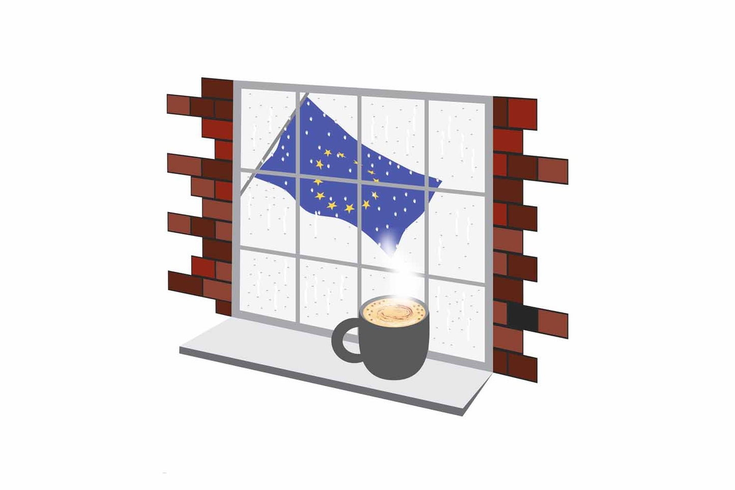 European Union Coffee Rain Window Vector Illustration | Cozy Café Scene