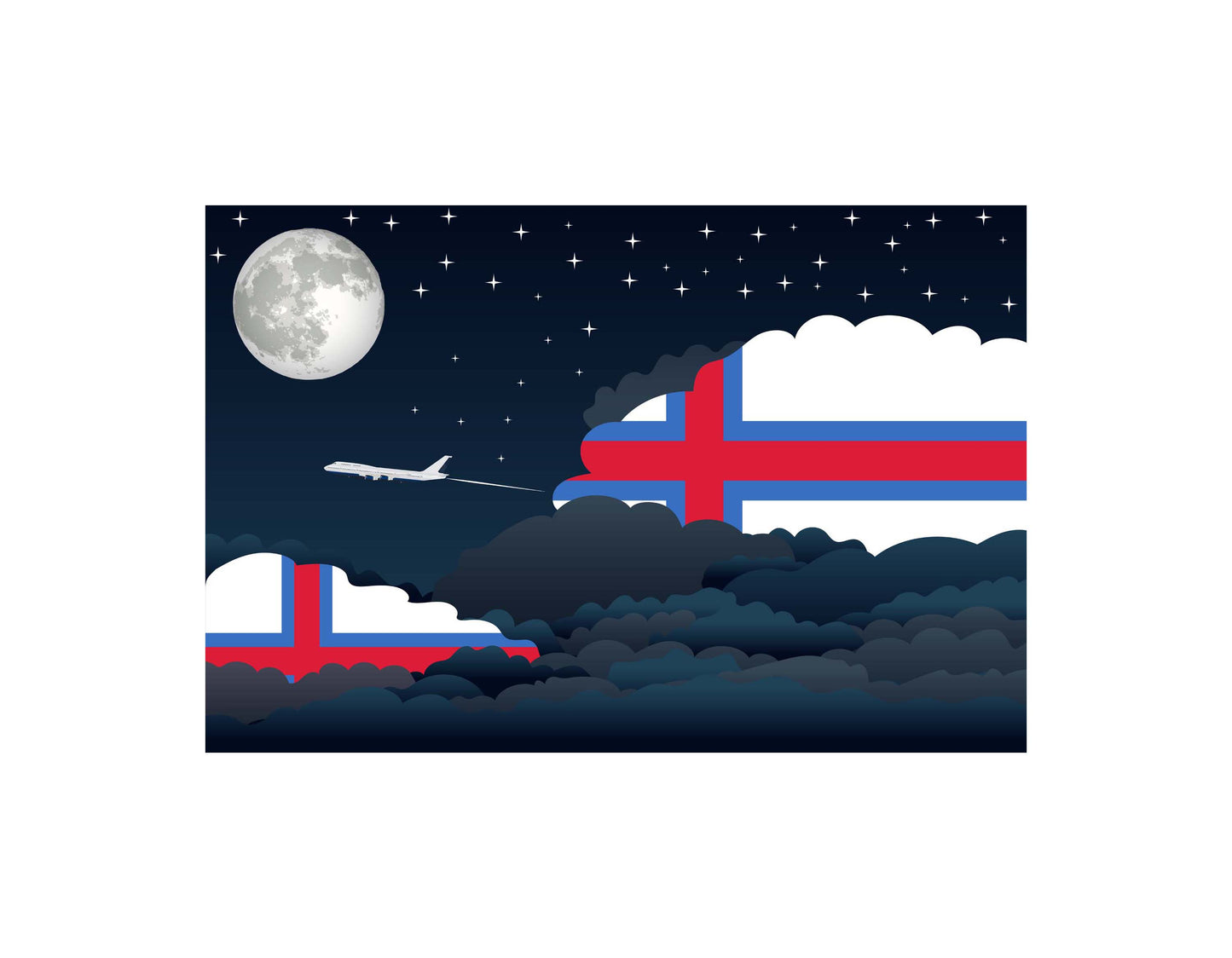 Faroe Islands Airplane Night Clouds Vector Illustrations | Aviation Night Sky Collection