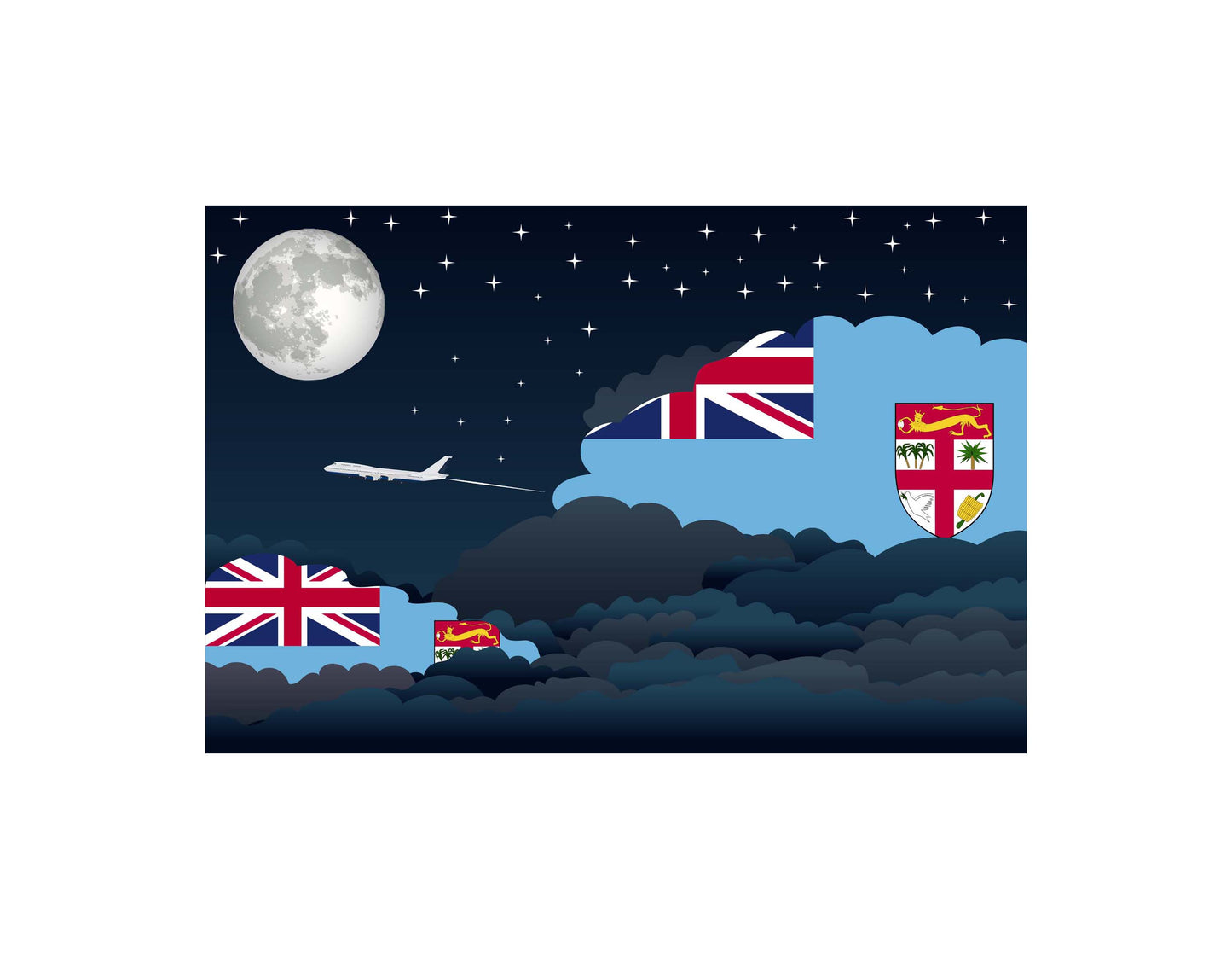 Fiji Airplane Night Clouds Vector Illustrations | Aviation Night Sky Collection