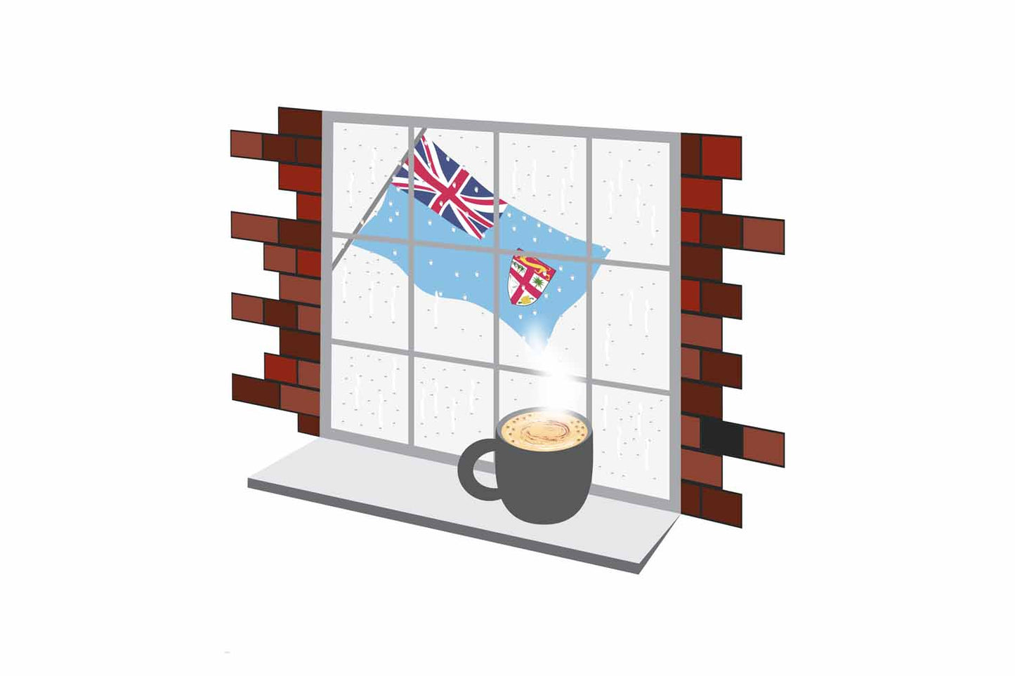 Fiji Coffee Rain Window Vector Illustration | Cozy Café Scene