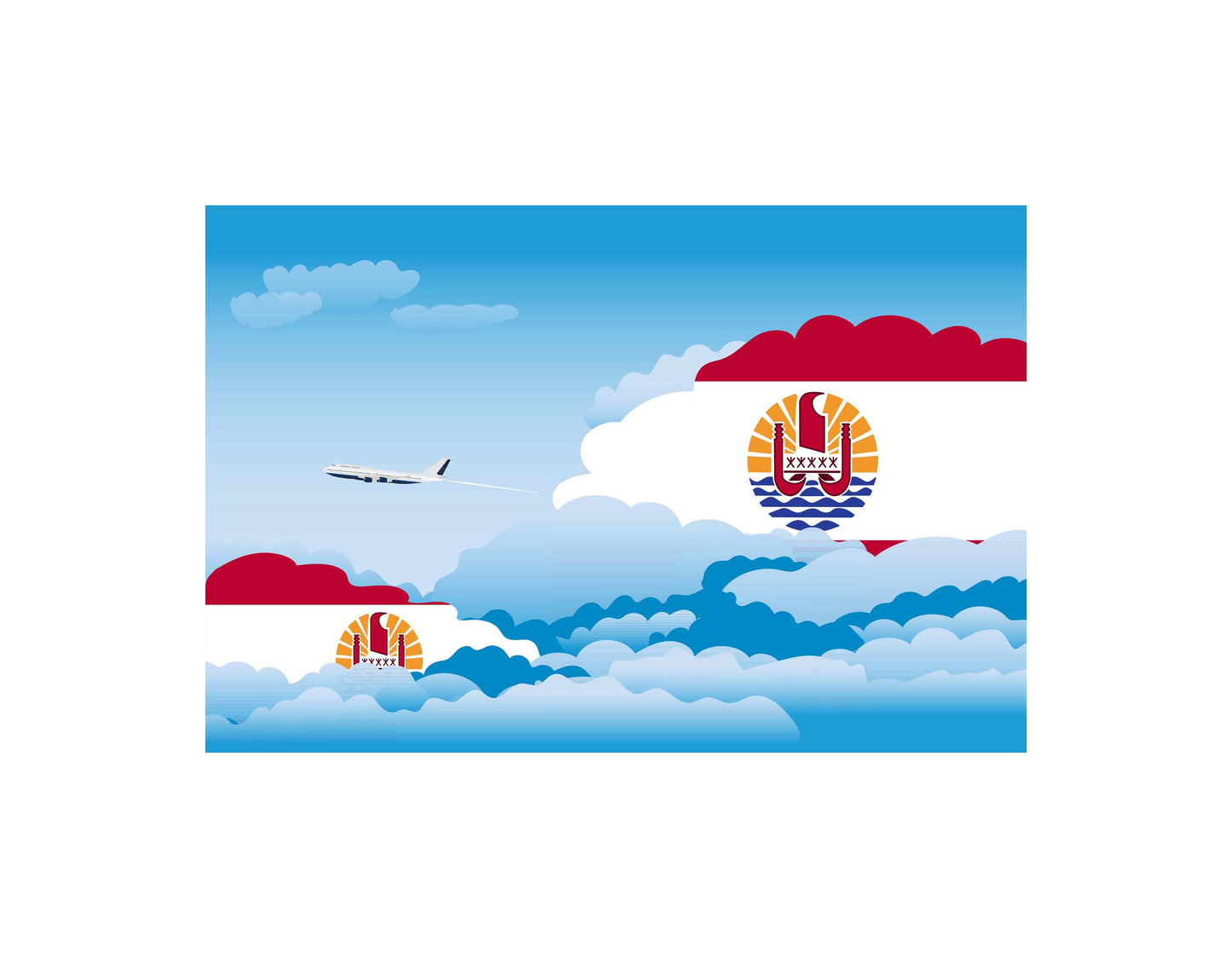 French Polynesia Airplane Day Clouds Vector Illustration | Travel & Aviation Sky Scene