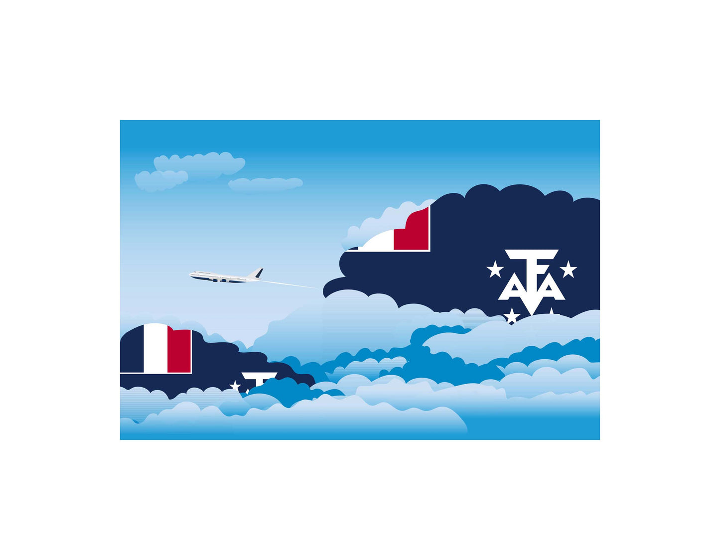French Southern and Antarctic Lands Airplane Day Clouds Vector Illustration | Travel & Aviation Sky Scene