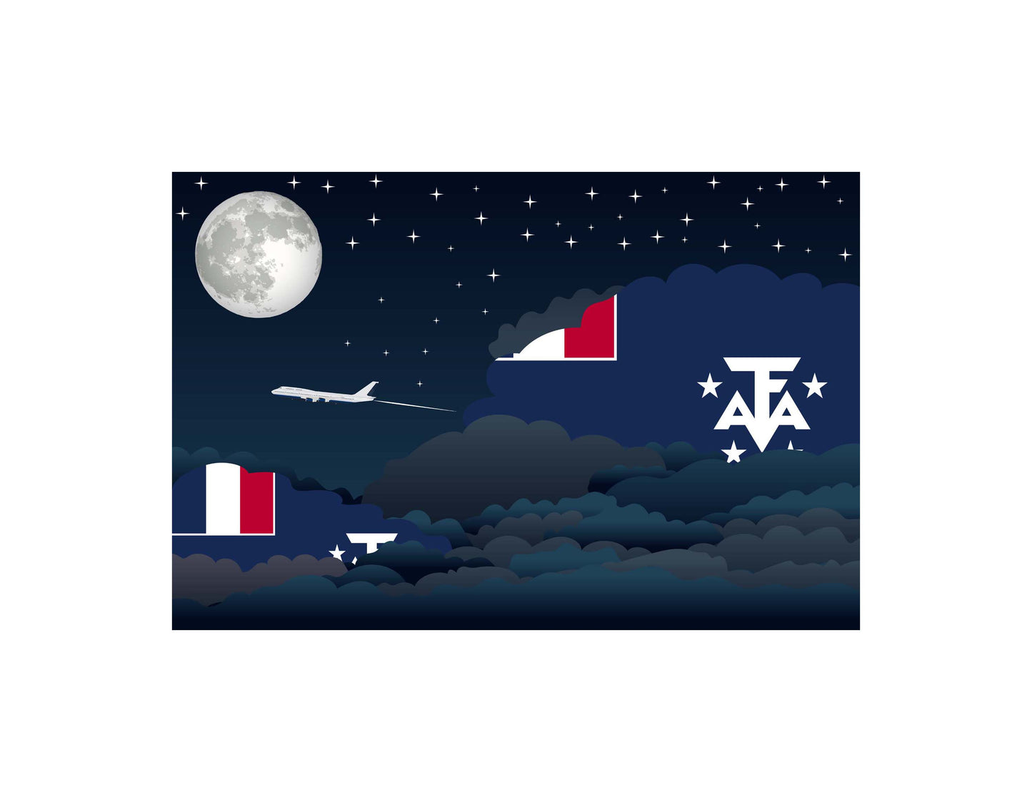 French Southern and Antarctic Lands Airplane Night Clouds Vector Illustrations | Aviation Night Sky Collection