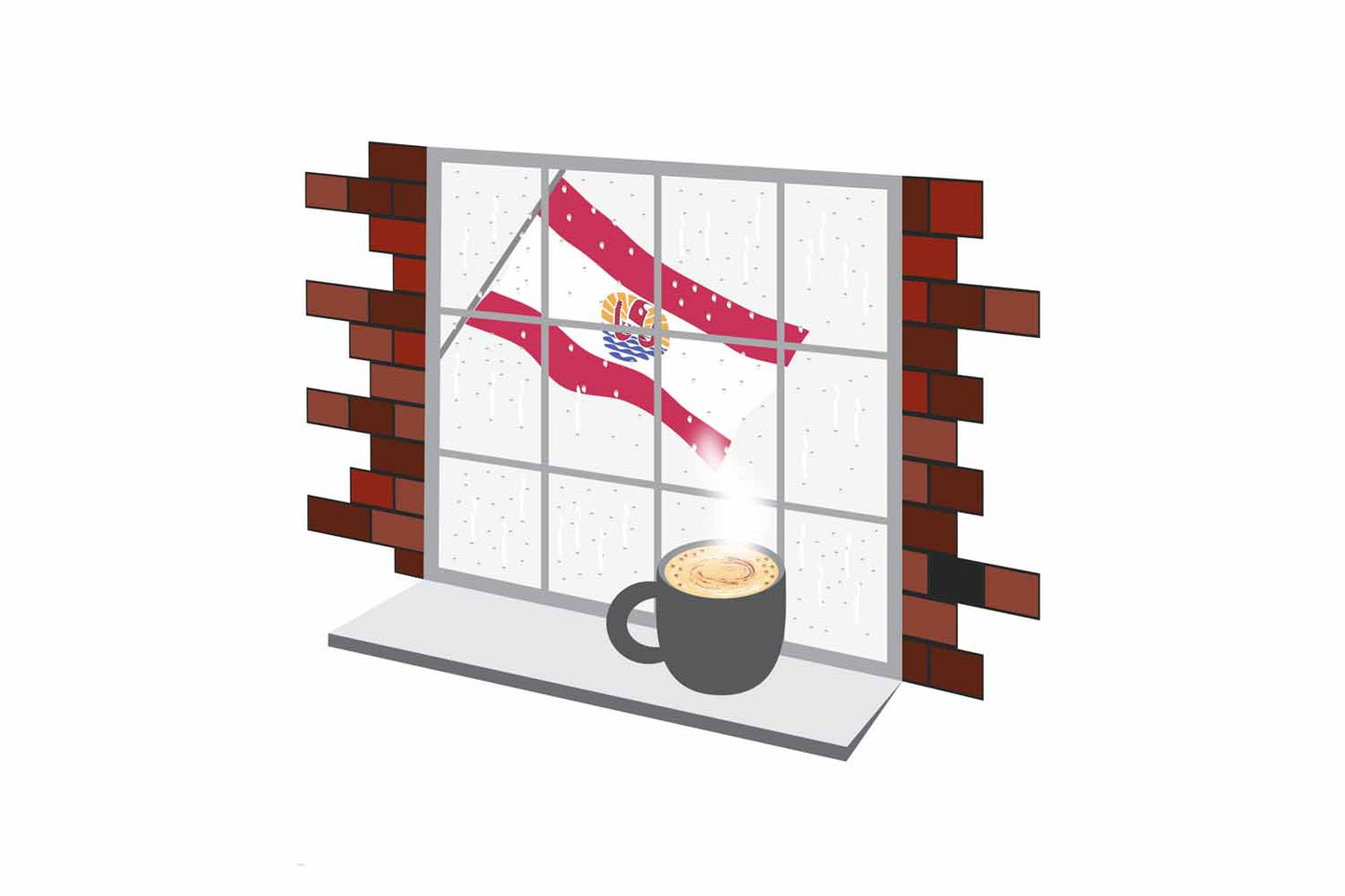 French Polynesia Coffee Rain Window Vector Illustration | Cozy Café Scene