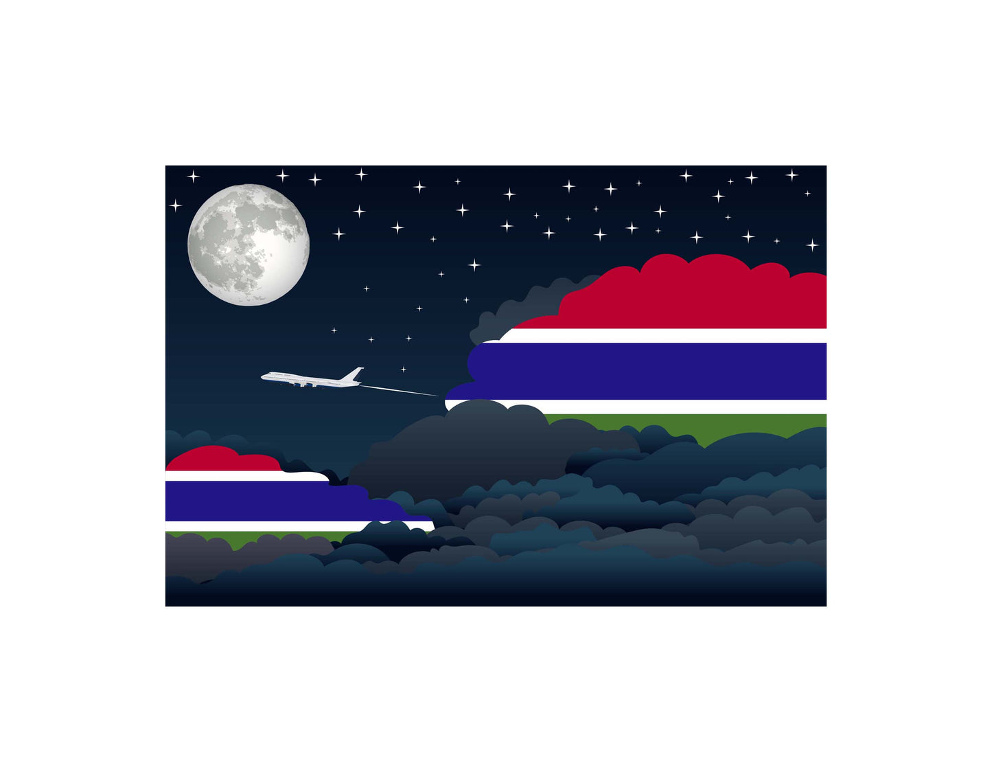 Gambia Airplane Night Clouds Vector Illustrations | Aviation Night Sky Collection