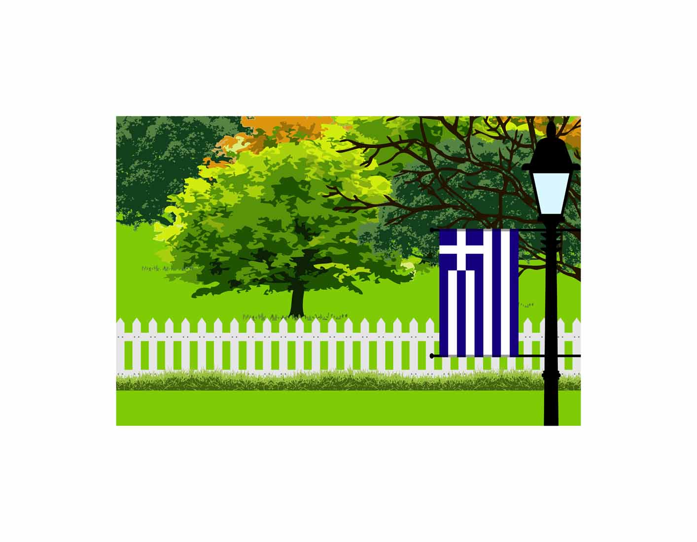 Greece Home Town Trees Landscape Moon Night Vector Illustrations