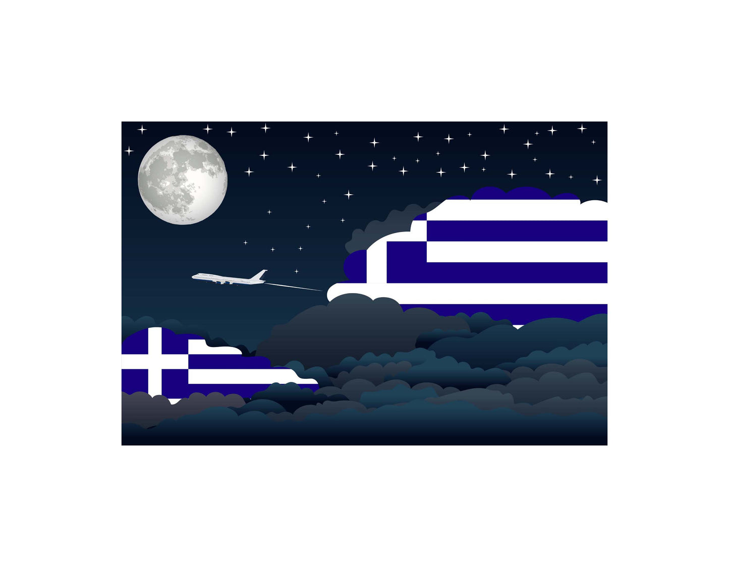 Greece Airplane Night Clouds Vector Illustrations | Aviation Night Sky Collection