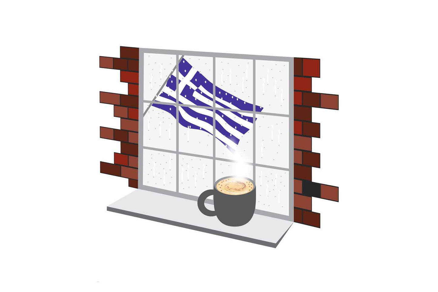 Greece Coffee Rain Window Vector Illustration | Cozy Café Scene