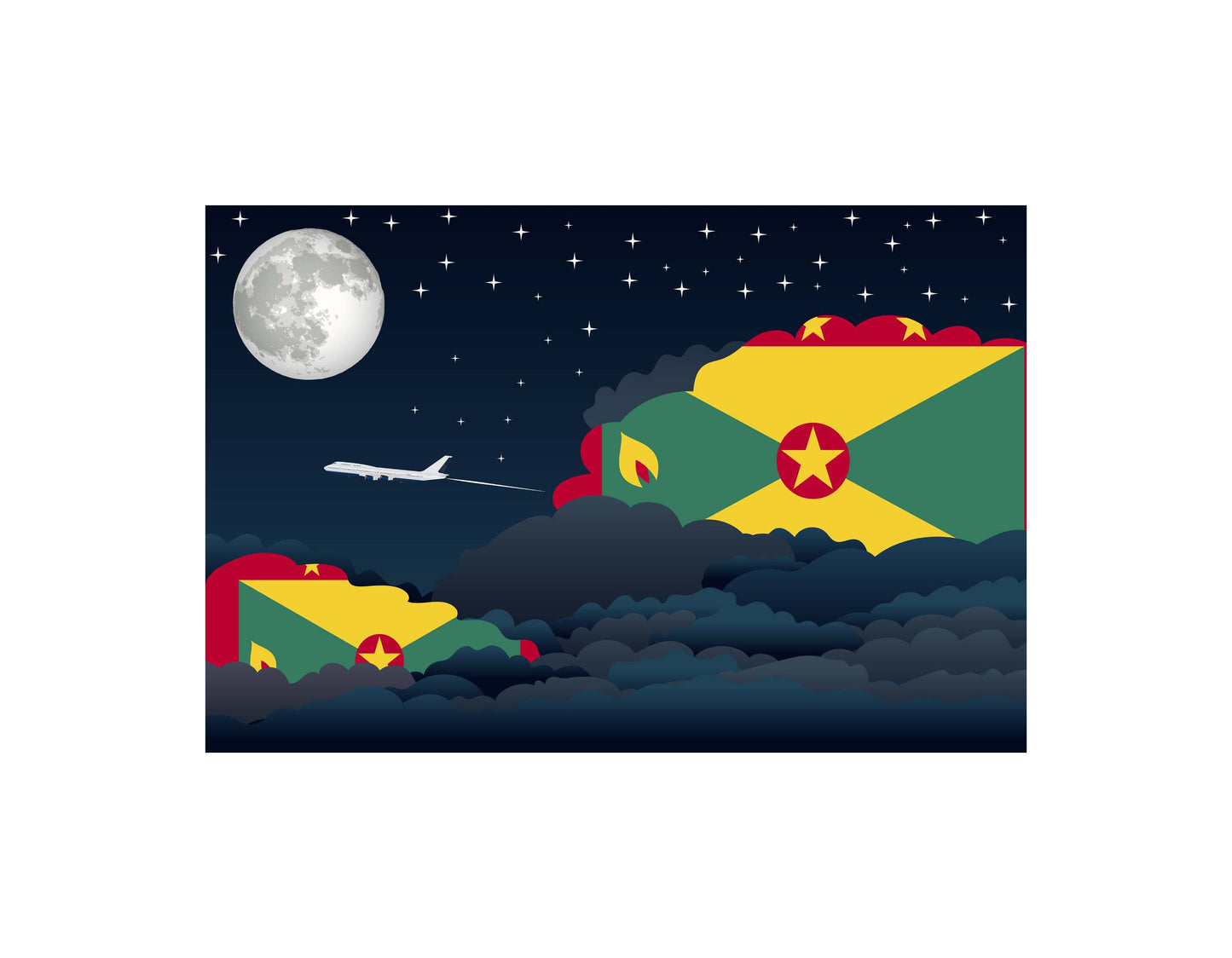 Grenada Airplane Night Clouds Vector Illustrations | Aviation Night Sky Collection