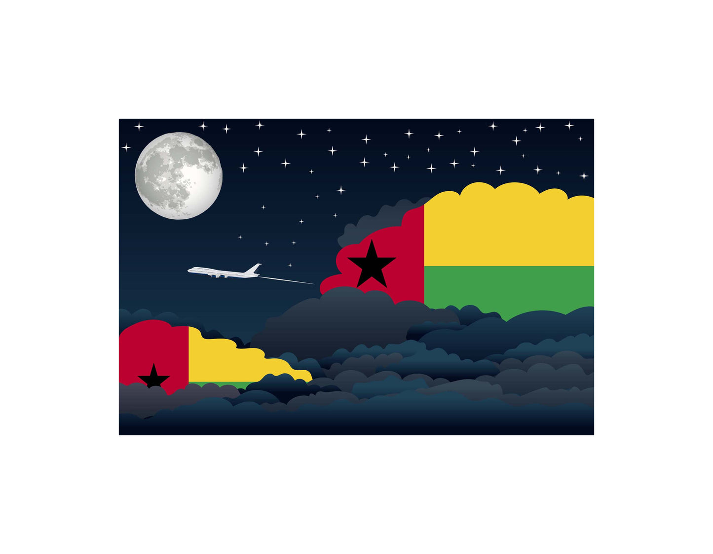Guinea Bissau Airplane Night Clouds Vector Illustrations | Aviation Night Sky Collection