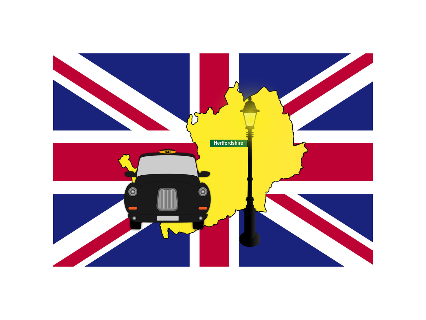 Hertfordshire United Kingdom Black Taxi Vector Illustrations | Iconic London Taxi Collection