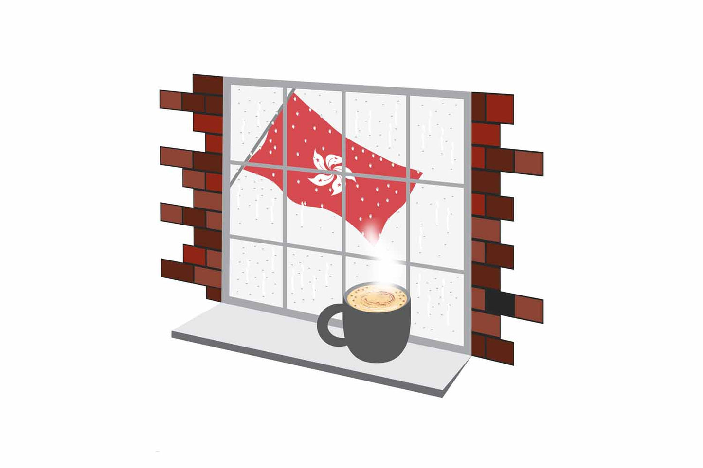 Hong Kong Coffee Rain Window Vector Illustration | Cozy Café Scene