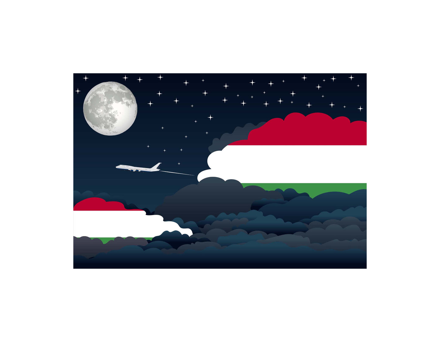 Hungary Airplane Night Clouds Vector Illustrations | Aviation Night Sky Collection